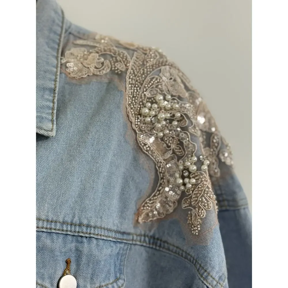 Arula Women’s Denim Jacket Plus Size 3X Light Wash Pearl Sequin Lace Embellished - Picture 7 of 15